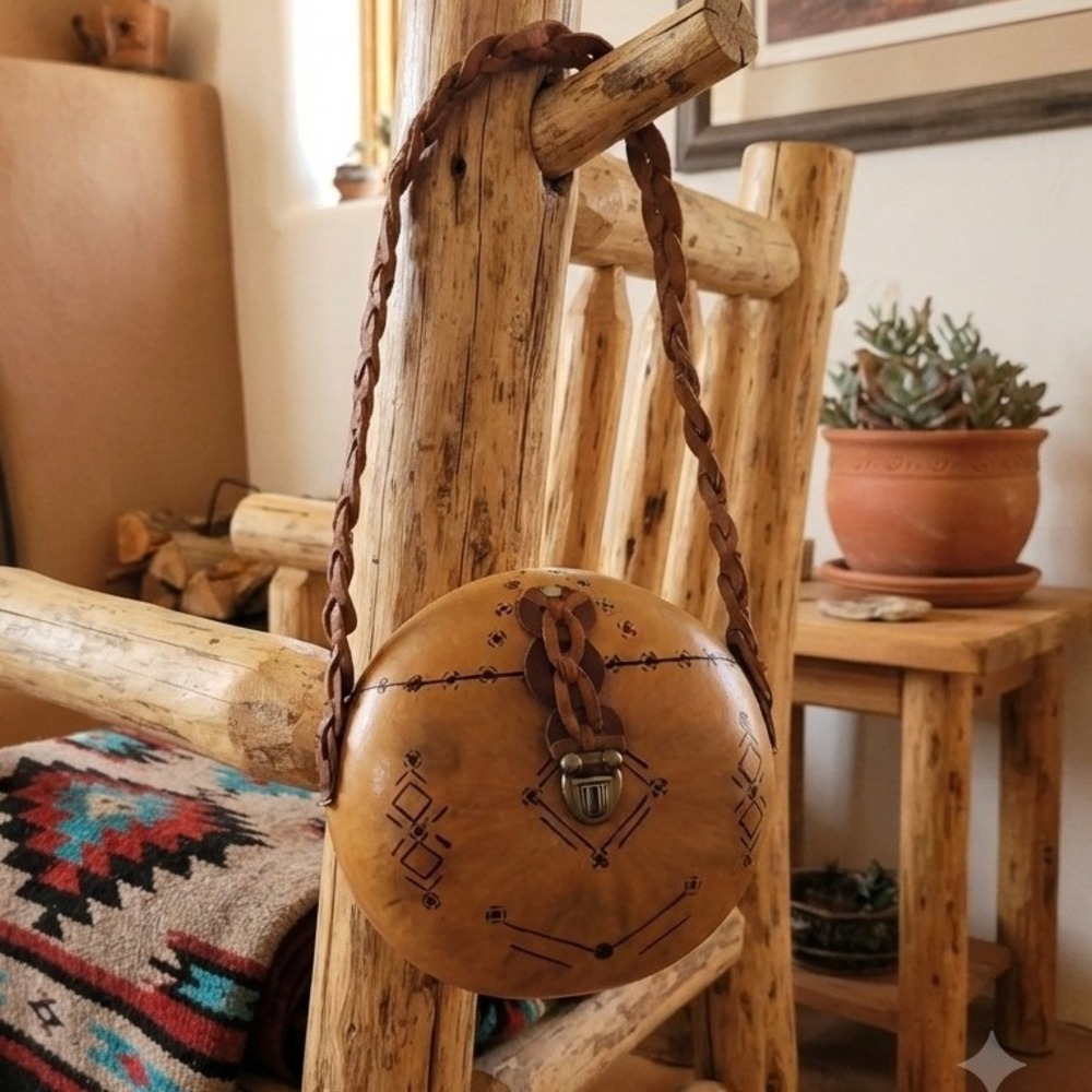 Vintage Gourd Purse Handbag Handcrafted Burnt Geometric Southwest Boho Style